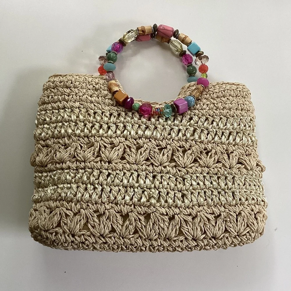 Cappelli Straworld Purse Handbag Round Beaded Jewel Handles Beige/Gold Lined - Picture 6 of 14